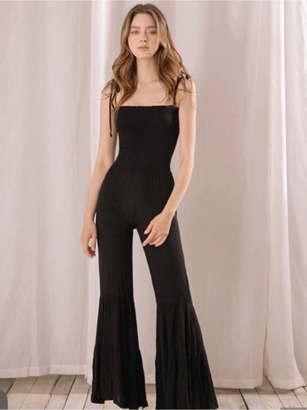 Storia Black Smocked Wide-Leg Tie-Strap Jumpsuit